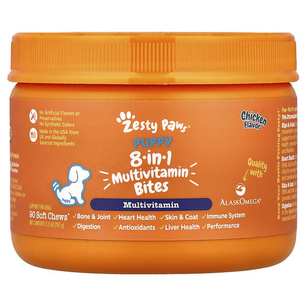 Zesty Paws, 8-in-1 Bites Multivitamin, For Dogs, Puppy, Chicken, 90 Soft Chews, 5.5 oz (157 g)