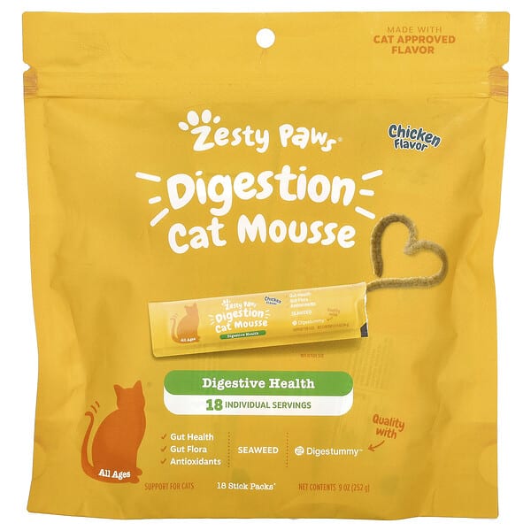Zesty Paws, Digestion Cat Mousse, For Cats, All Ages, Chicken, 18 савтай нунтаг, 9 oz (252 g)