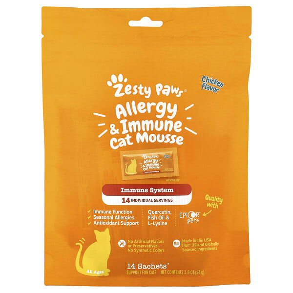 Zesty Paws, Allergy & Immune Cat Mousse, For Cats, All Ages, Chicken, 14 Sachets 0.2 oz (6 g) Each