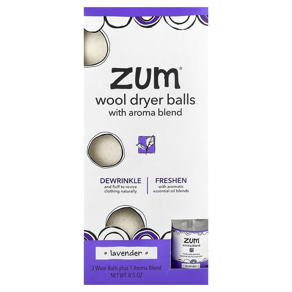 ZUM, Wool Dryer Balls with Aroma Blend, Lavender, 3 Wool Balls Plus 1 Aroma Blend, 8.5 унц