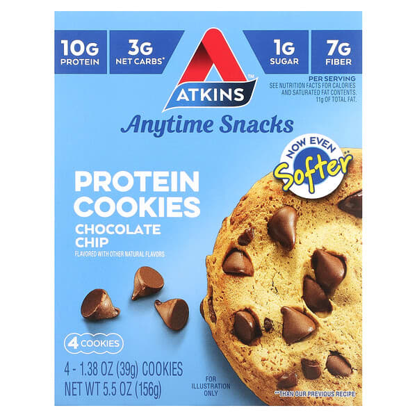 Atkins‏, חטיפי Anytime, עוגיות חלבון, שבבי שוקולד, 4 עוגיות, 39 גרם (1.38 אונקיות) כל אחת