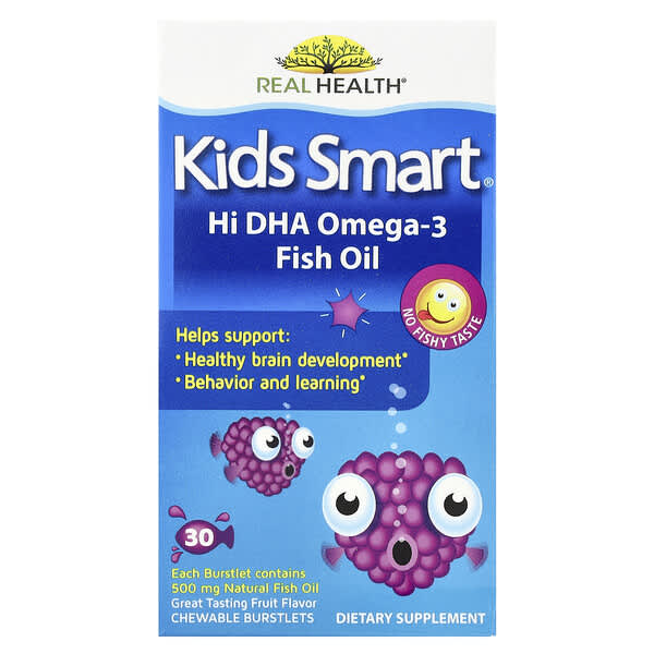 Kids Smart, Kids Smart®, שמן דגים עם אומגה-3 וכמות גבוהה של חומצת DHA, בטעם פירות, 30 טבליות לעיסה