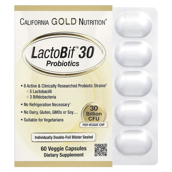 California Gold Nutrition‏, פרוביוטיקה LactoBif® 30,‏ 30 מיליארד יחידות יוצרות מושבה (CFU)‏, 60 כמוסות צמחיות