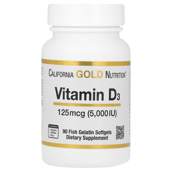 California Gold Nutrition‏, ויטמין D3‏, 125 מק״ג (5,000 יחב״ל), 90 כמוסות רכות מג'לטין דגים