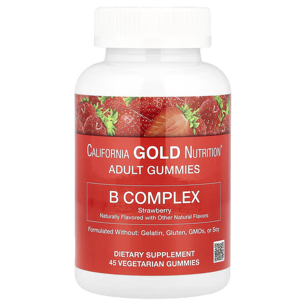 California Gold Nutrition‏, קומפלקס B סוכריות גומי עם ויטמינים B6 ו-B12, פולאט וביוטין, תות, 45 סוכריות גומי צמחוניות