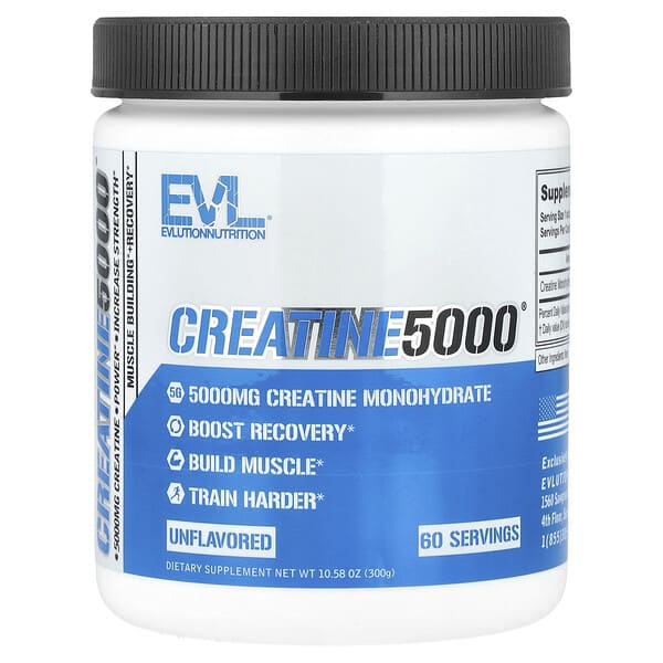 EVLution Nutrition, CREATINE5000, קריאטין, ללא תוספת טעם, 300 גרם (10.58 אונקיות)