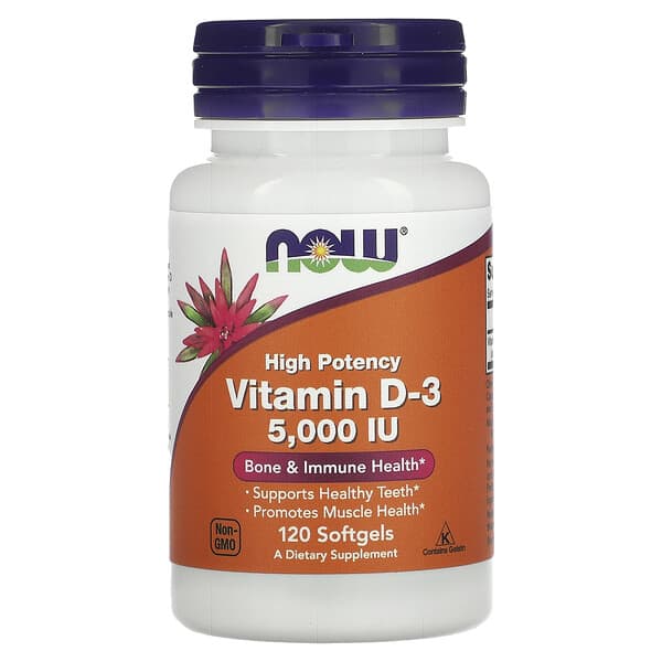 NOW Foods‏, ויטמין D3, פוטנטיות גבוהה, 5,000 יחב"ל, 120 כמוסות רכות