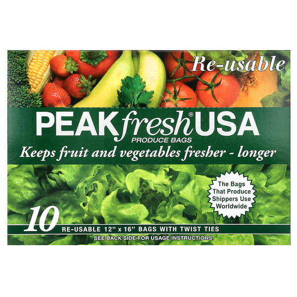 PEAKfresh USA‏, שקיות תוצרת עם חבקי סגירה, ניתנות לשימוש חוזר, 10 שקיות