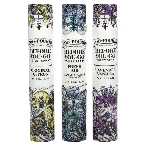 Poo-Pourri‏, On-The-Go, ספריי אסלה לפני היציאה לדרך, ערכת תרסיסים, 3 התזות, 10 מ"ל (0.34 אונקיית נוזל) ליחידה