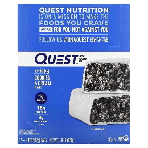 Quest Nutrition‏, חטיף חלבון, בטעם עוגיות פריכות ושמנת, 12 חטיפים, 52 גרם (1.83 אונקיות) ליחידה