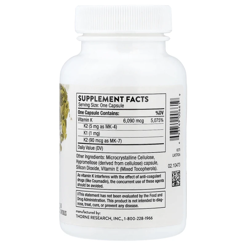 Vitamina K Completa (K1 + K2), 60 Cápsulas, Thorne
