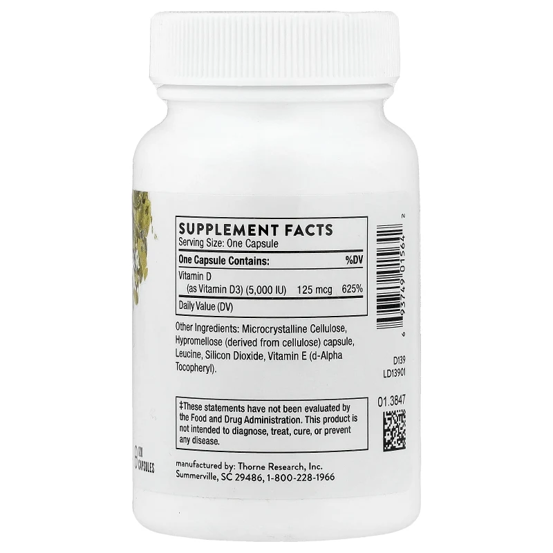 Vitamina D3, 5000 UI (125 mcg), 120 Cápsulas, Thorne