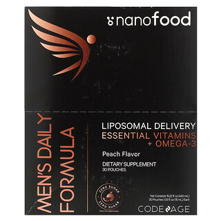 Codeage, Nanofood，男性日常配方，脂質體輸送，必需維生素 + Omega-3，桃子味，30 袋，每袋 0.5 液量盎司（15 毫升）