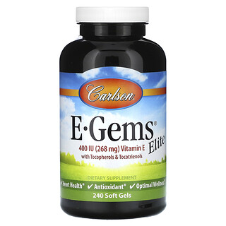 Carlson, E-Gems® Elite，維生素 E，含生育酚和生育三烯酚，268 毫克（400 國際單位），240 粒軟凝膠
