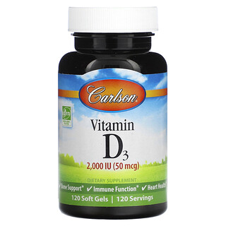 Carlson, 維生素 D3，50 微克（2,000 國際單位），120 粒軟凝膠