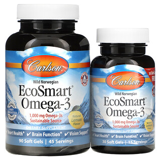 Carlson, Wild Norwegian，EcoSmart Omega-3，天然檸檬味，1,000 毫克，90 + 30 粒軟凝膠（每粒軟凝膠 500 毫克）