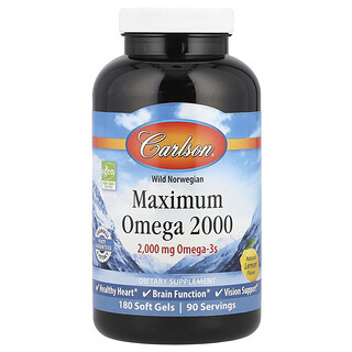 Carlson, Wild Norwegian，Maximum Omega 2000，天然檸檬味，2,000 毫克，180 粒軟凝膠（每粒軟凝膠 1,000 毫克）