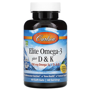 Carlson, 精選歐米伽-3 魚油軟凝膠，含維生素 D 和 K，天然檸檬味，60 粒裝