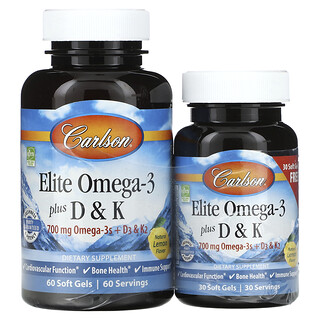 Carlson, 精選歐米伽-3 魚油軟凝膠，含維生素 D 和 K，天然檸檬味，買 60 粒送 30 粒