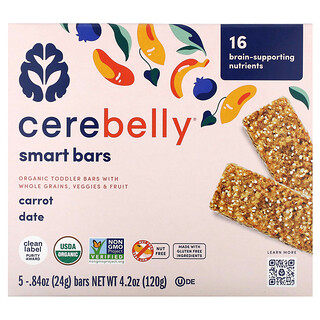 Cerebelly, Smart Bars，有機幼兒零食棒，胡蘿蔔棗，5 根，每根 0.84 盎司（24 克）