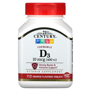 21st Century, 維生素 D3 咀嚼片，柳丁味，100 微克（400 國際單位），110 片