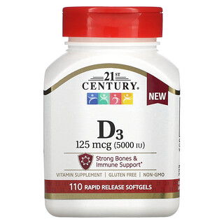 21st Century, 維生素 D3，125 微克，110 粒速釋軟凝膠