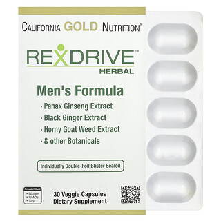 California Gold Nutrition, Rexdrive™ 男士草本表現配方素食膠囊，含人參、黑姜和淫羊藿提取物及植物混合物，30 粒