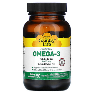 Country Life, 天然 Omega-3，1,000 毫克，50 粒軟凝膠