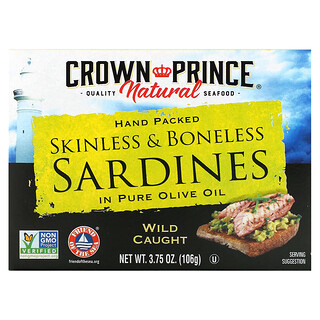 Crown Prince Natural, 去皮去骨沙丁魚，純橄欖油浸泡，3.75 盎司（106 克）