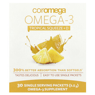 Coromega, Omega-3 Squeeze + Vit D，熱帶柳丁，30片單份，每袋2.5克