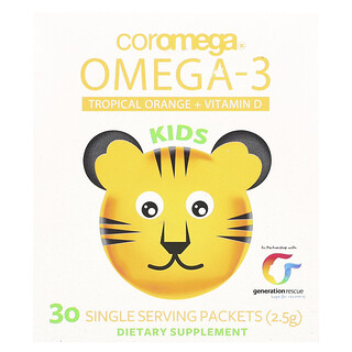 Coromega, 兒童專用 Omega-3 脂肪酸營養補充劑，熱帶香橙味 + 含維生素 D，30 袋裝（2.5 克/袋）