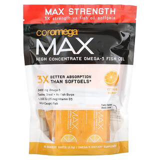 Coromega, Max高濃度Omega-3魚油，瘋狂柑橘味，60個擠壓丸，每個2.5克