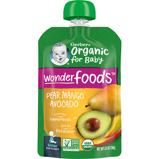 Gerber, 有機嬰兒食品，Wonderfoods，2 階段輔食，梨、芒果、鱷梨，3.5 盎司（99 克）