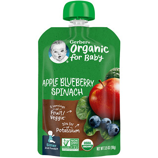 Gerber, 嬰兒有機食品，2 階段輔食，蘋果、藍莓、菠菜，3.5 盎司（99 克）
