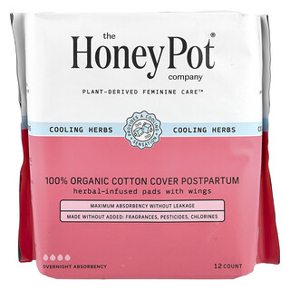 The Honey Pot Company, 有機草本浸入式護翼護墊，產後夜用，12 片