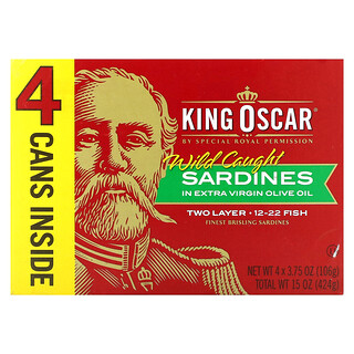 King Oscar, 野外捕獲沙丁魚，載於高階初榨橄欖油中，4 罐，每罐 3.75 盎司（106 克）