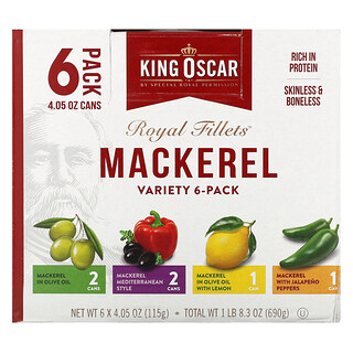 King Oscar, Royal Fillets，鯖魚，6 種口味，6 罐，每罐 4.05 盎司（115 克）