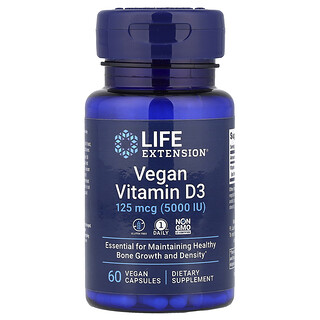 Life Extension, 全素維生素 D3，125 微克（5000 國際單位），60 粒全素膠囊