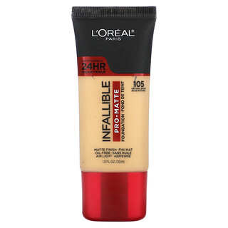 L'Oréal, 可靠的專業啞光粉底，105 自然膚色，1 液量盎司（30 毫升）