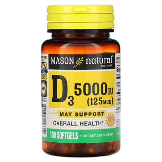 Mason Natural, 維生素 D3，5000 國際單位（125 微克），100 粒軟凝膠