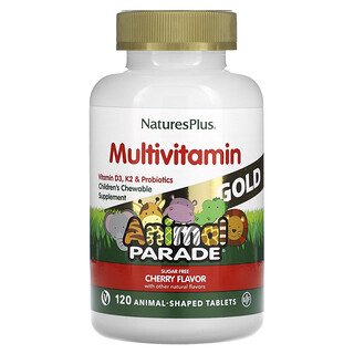 NaturesPlus, 生命之源動物遊行金版，兒童咀嚼複合維生素和礦物質補充劑，天然櫻桃味，120 片動物形片劑