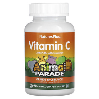 NaturesPlus, 生命之源，動物大遊行，維生素 C，天然柳丁味，90 粒動物形狀的片劑