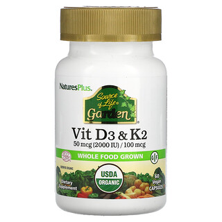 NaturesPlus, Source of Life Garden，維生素 D3 和 K2，60 粒全素膠囊