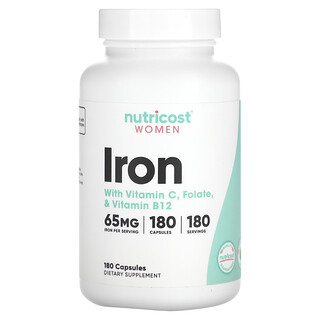 Nutricost, 女性，鐵，含維生素 C、葉酸和維生素 B12，65 毫克，180 粒膠囊