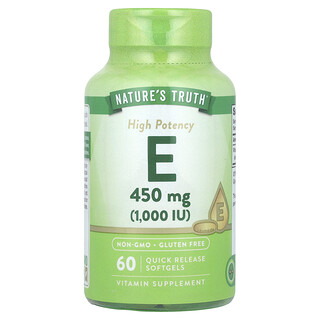 Nature's Truth, 優效維生素 E，450 毫克（1000 國際單位），60 粒速釋軟膠囊