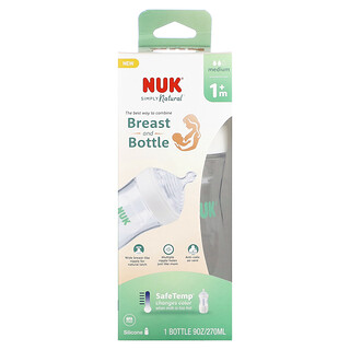 NUK, 全天然，適合 1 個月以上嬰兒使用的安心溫度乳瓶和奶嘴，中速流量，9 盎司（270 毫升）。