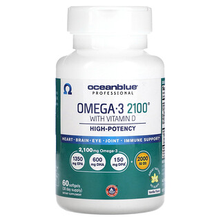 OceanBlue, 專業，含維生素 D 的 Omega-3 2100，優效，香草，60 粒軟凝膠