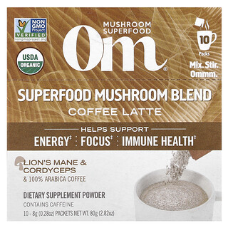 Om Mushrooms, SuperFood 蘑菇混合物，咖啡拿鐵，10 包，每包 0.28 盎司（8 克）