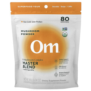 Om Mushrooms, 蘑菇粉，10 蘑菇複合物，大師混調物 + 南非醉茄，6.34 盎司（180 克）