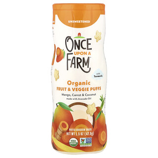 Once Upon A Farm, 有機水果和蔬菜泡芙，爬蟲、芒果、胡蘿卜和椰子與姜黃，無糖，1.5 盎司（42.5 克）